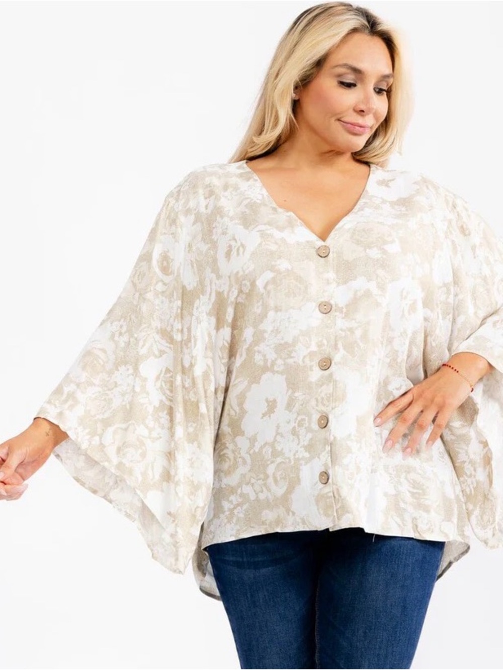 0212.  Neutral Floral Button-Front V-Neck Women’s Top